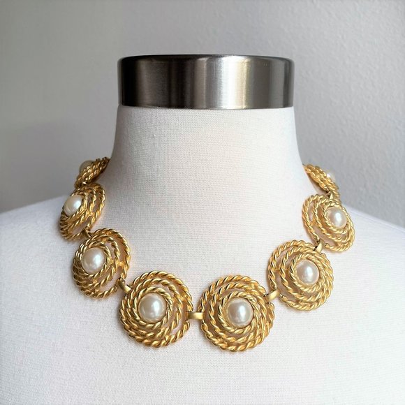 Vintage Jewelry - Vintage Gold and Pearl Choker Necklace